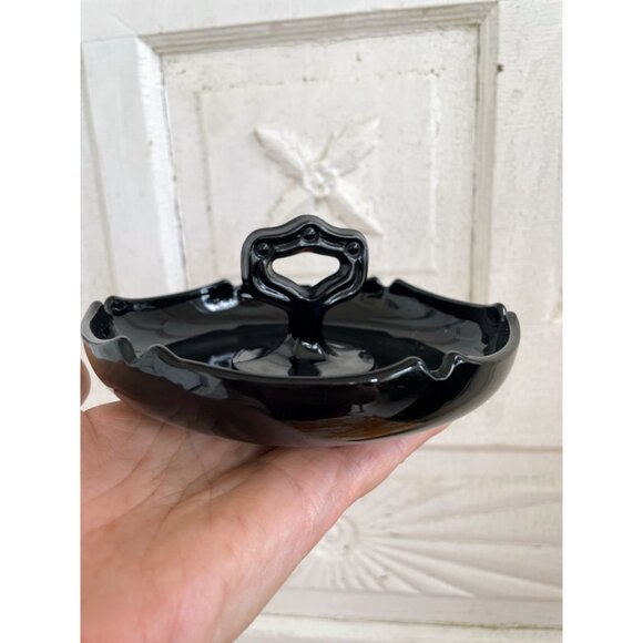 Vintage MCM Black Glass Set Handled Dish and Relish Plate - Picture 3 of 13